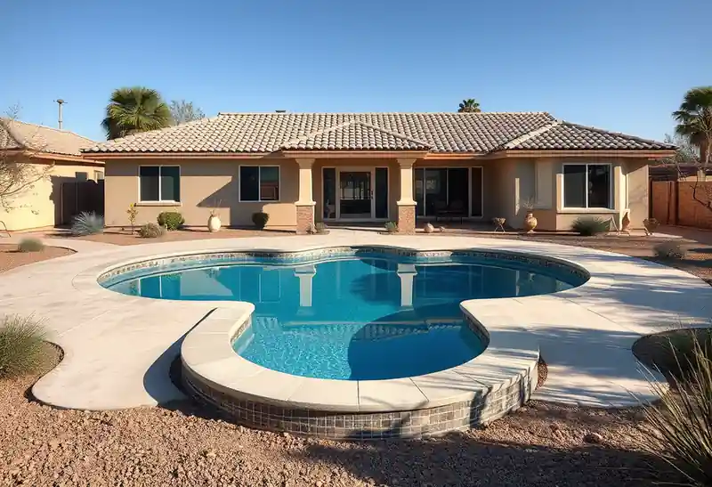 Illustration of new in-ground pool with a concrete deck in a 1985-era home