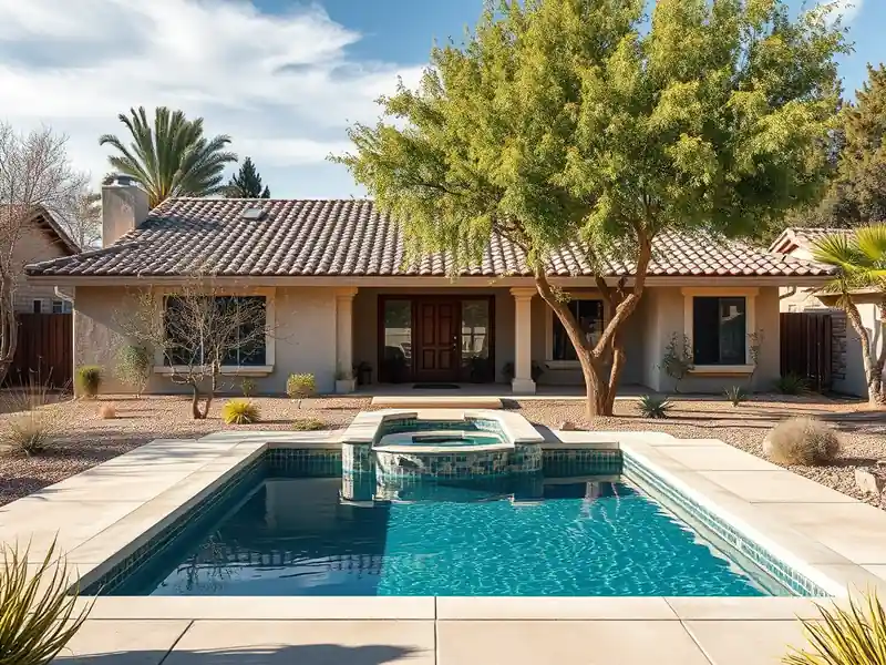 Illustration of close-up of materials and finishes of new in-ground pool with a concrete deck in a 1985-era home