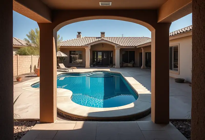 Illustration of new in-ground pool with a concrete deck in a 1985-era home