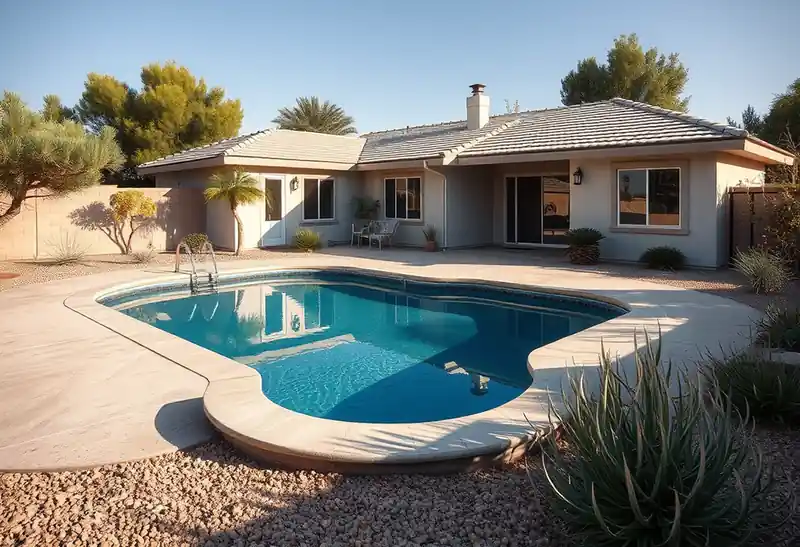 Illustration of new in-ground pool with a concrete deck in a 1985-era home