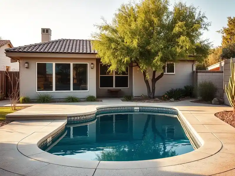 Illustration of close-up of materials and finishes of new in-ground pool with a concrete deck in a 1985-era home