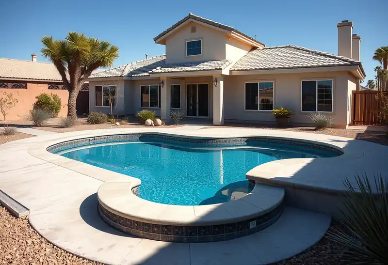 Illustration of new in-ground pool with a concrete deck in a 1985-era home