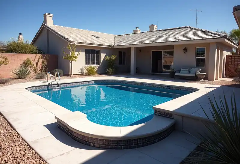 Illustration of new in-ground pool with a concrete deck in a 1985-era home