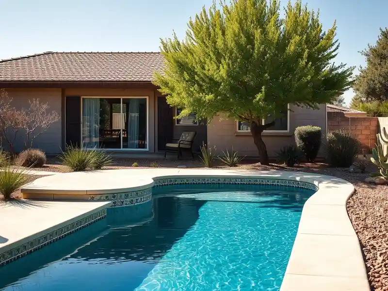 Illustration of close-up of materials and finishes of new in-ground pool with a concrete deck in a 1985-era home