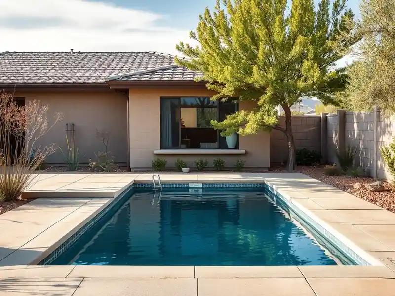Illustration of close-up of materials and finishes of new in-ground pool with a concrete deck in a 1985-era home