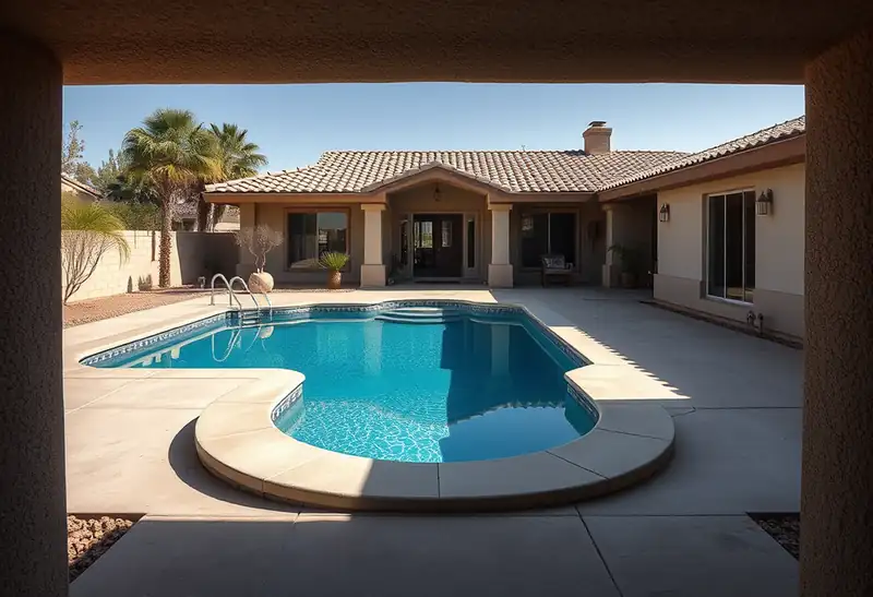 Illustration of new in-ground pool with a concrete deck in a 1985-era home