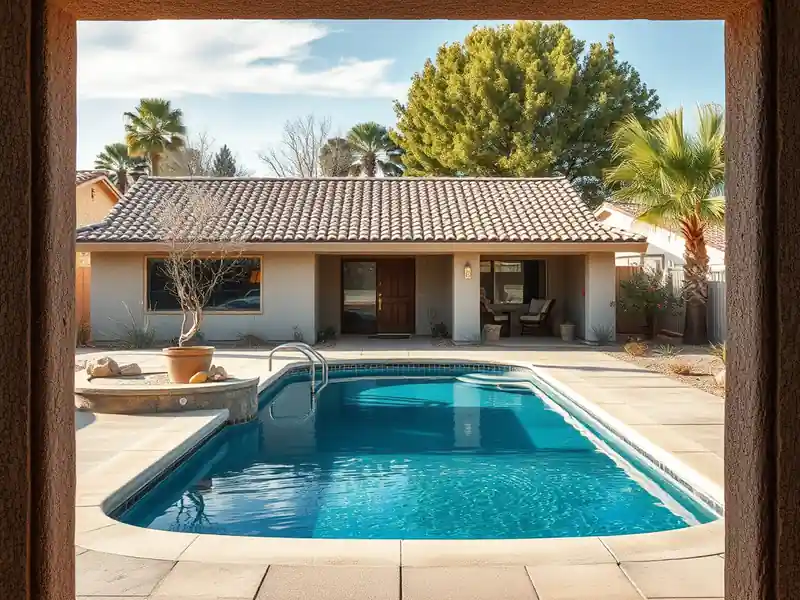 Illustration of close-up of materials and finishes of new in-ground pool with a concrete deck in a 1985-era home